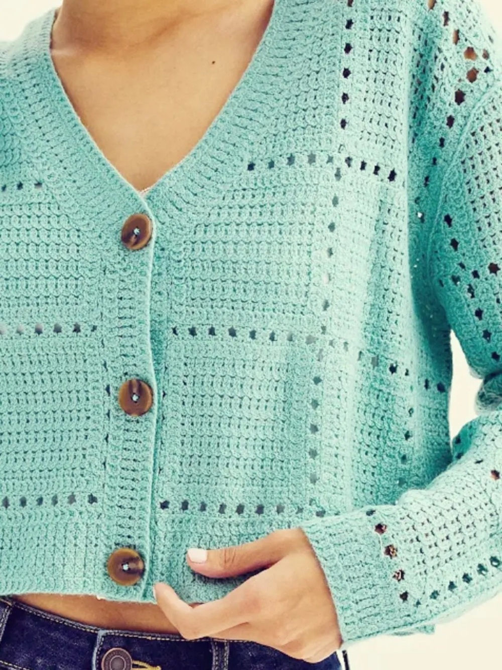 SO Crocheted Drifter Cardigan Sweater Island Teal - EUC